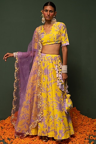 Yellow Floral Printed Lehenga Set by Chrkha