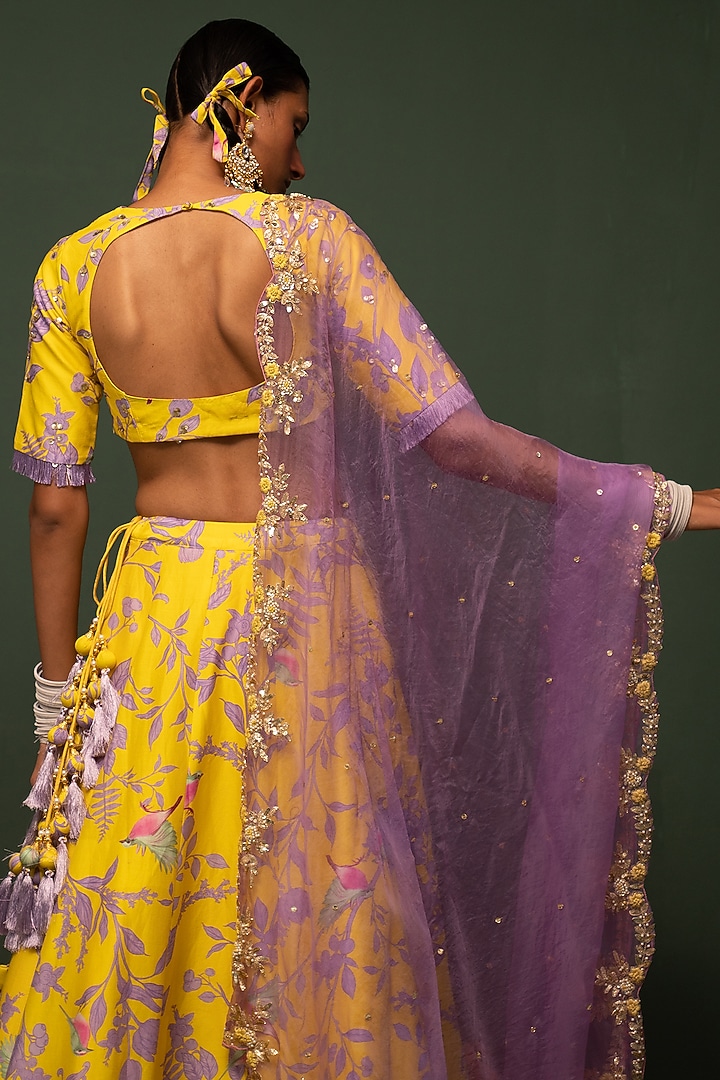 Yellow Floral Printed Wedding Lehenga Set by Chrkha at Pernia's Pop Up Shop