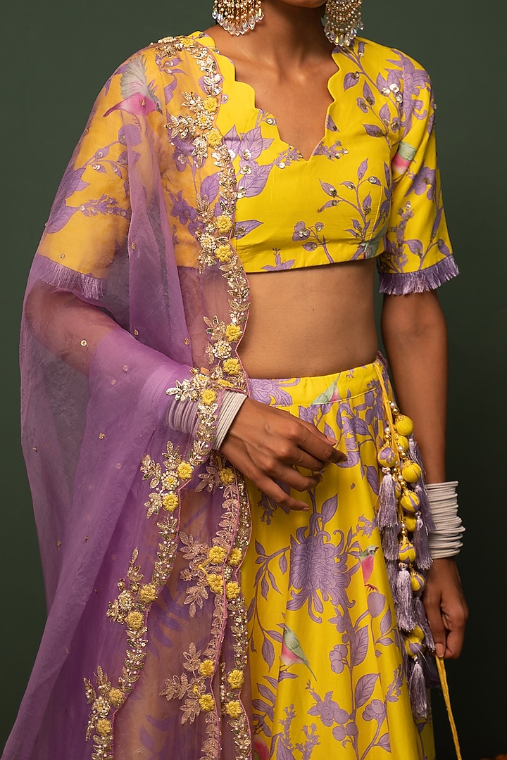 Yellow Floral Printed Wedding Lehenga Set by Chrkha at Pernia's Pop Up Shop