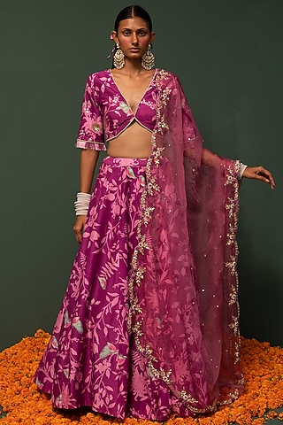 Magenta Floral Printed Lehenga Set by Chrkha