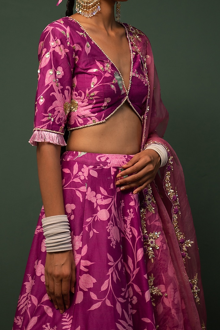 Magenta Floral Printed Wedding Lehenga Set by Chrkha at Pernia's Pop Up Shop