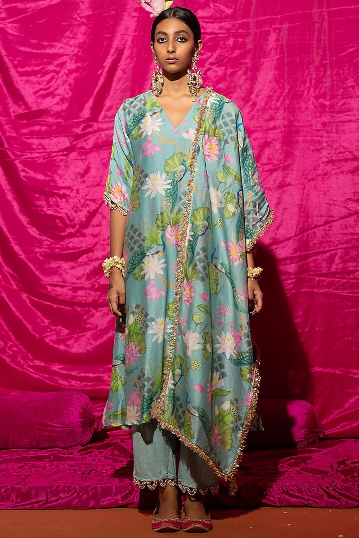 Mint Chanderi Silk Printed Kurta Set by Chrkha at Pernia's Pop Up Shop