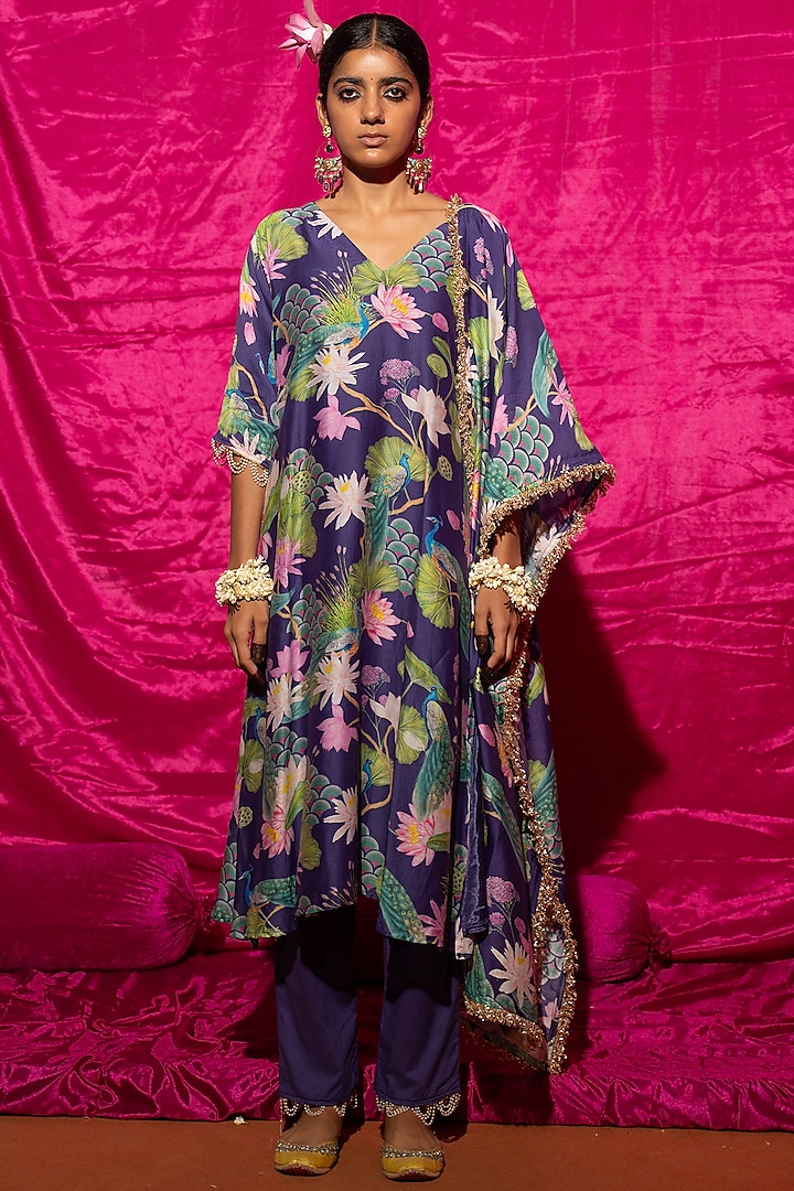 Purple Chanderi Silk Printed Kurta Set' by Chrkha at Pernia's Pop Up Shop