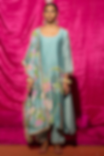 Mint Chanderi Silk Printed A-Line Kurta Set by Chrkha at Pernia's Pop Up Shop