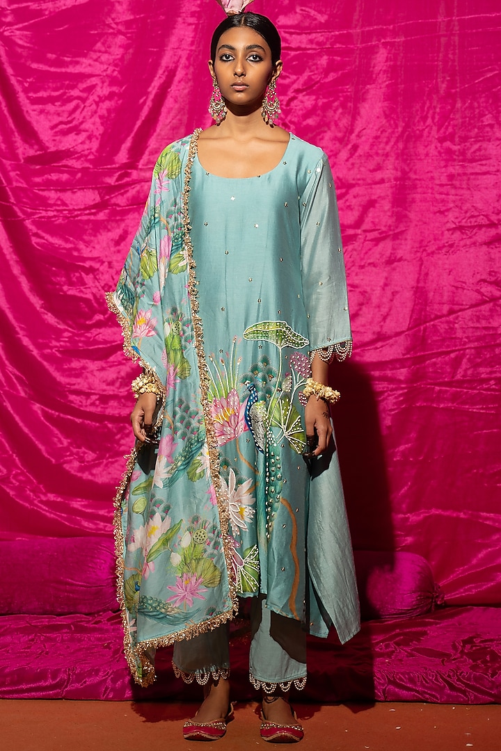 Mint Chanderi Silk Printed A-Line Kurta Set by Chrkha at Pernia's Pop Up Shop