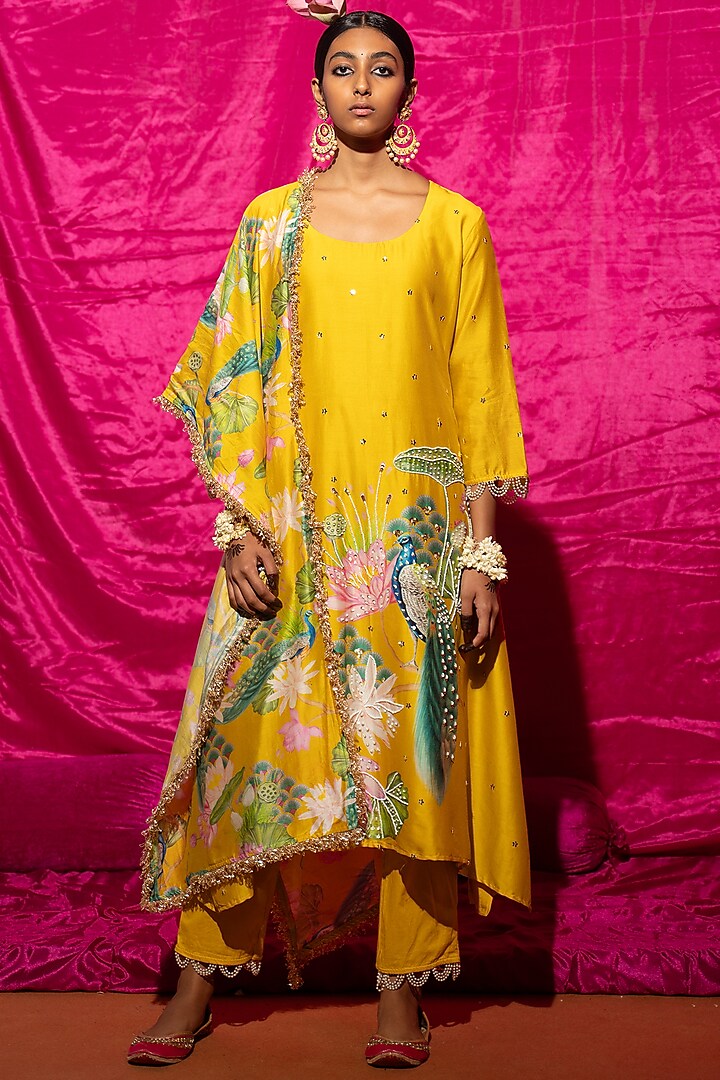 Yellow Chanderi Silk Printed A-Line Kurta Set by Chrkha at Pernia's Pop Up Shop