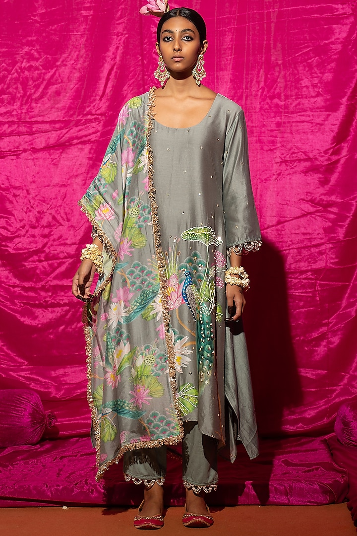 Grey Chanderi Silk Printed A-Line Kurta Set by Chrkha at Pernia's Pop Up Shop