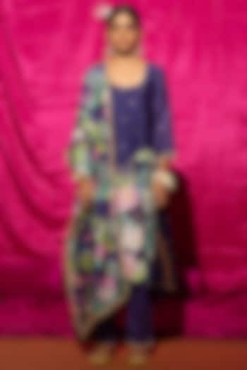 Purple Chanderi Silk Printed A-Line Kurta Set by Chrkha at Pernia's Pop Up Shop