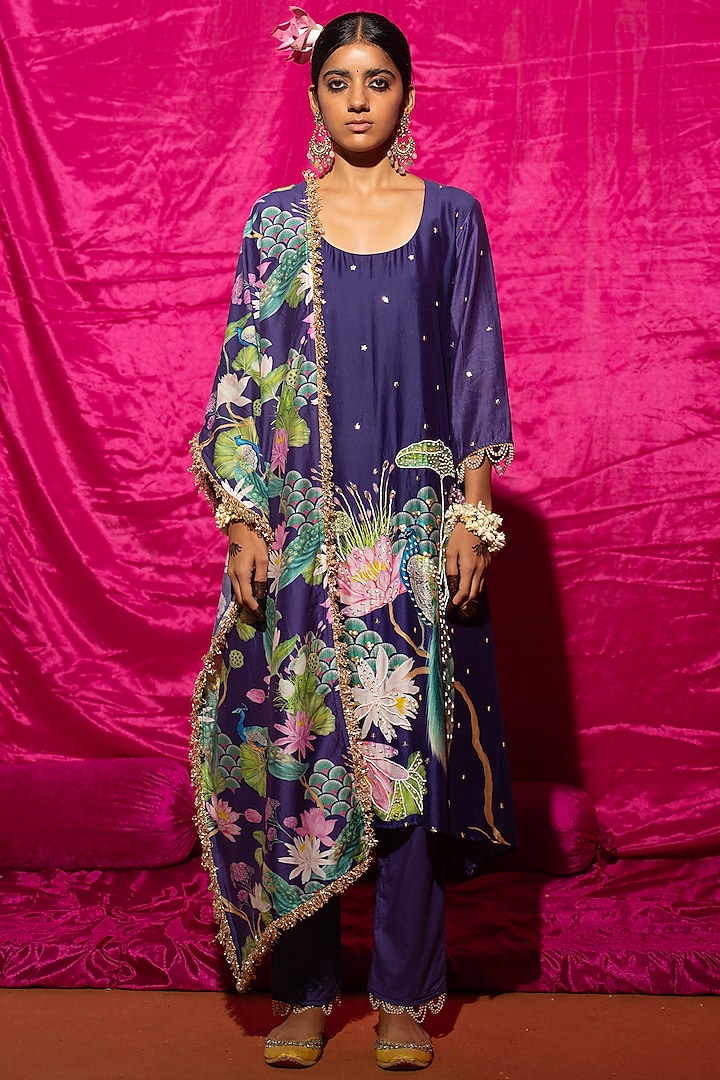 Purple Chanderi Silk Printed A-Line Kurta Set by Chrkha at Pernia's Pop Up Shop