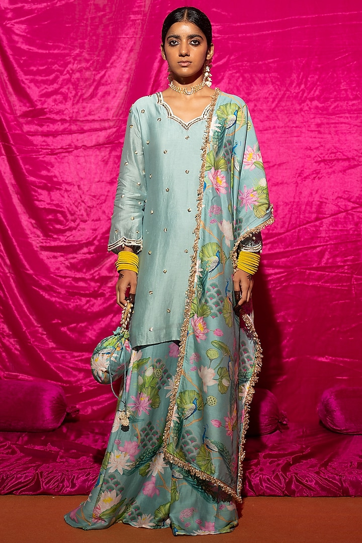 Mint Chanderi Silk Printed Sharara Set by Chrkha at Pernia's Pop Up Shop