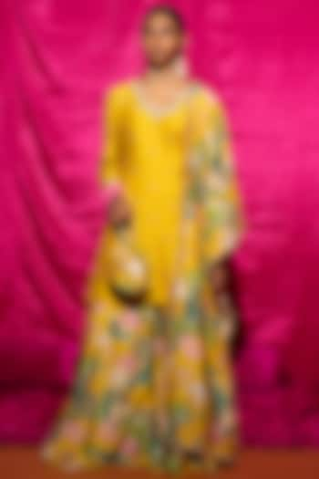 Yellow Chanderi Silk Printed Sharara Set by Chrkha at Pernia's Pop Up Shop