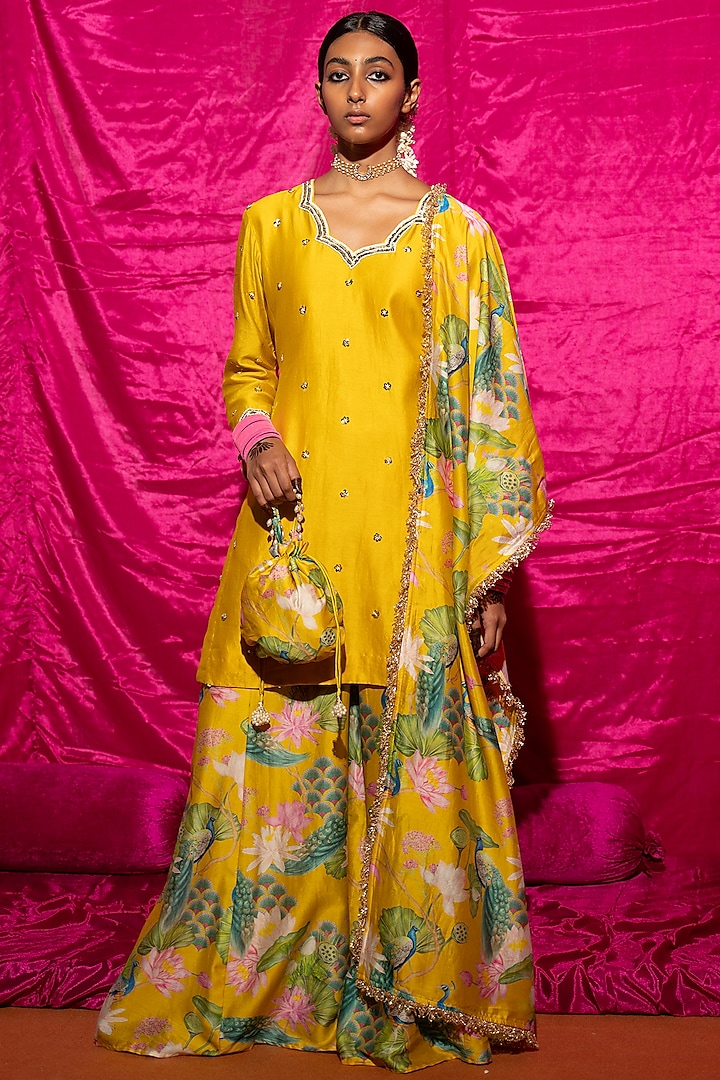 Yellow Chanderi Silk Printed Sharara Set by Chrkha at Pernia's Pop Up Shop