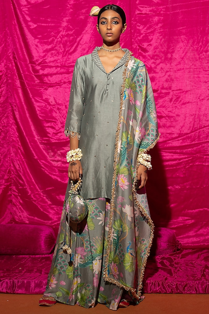 Grey Chanderi Silk Printed Sharara Set by Chrkha at Pernia's Pop Up Shop