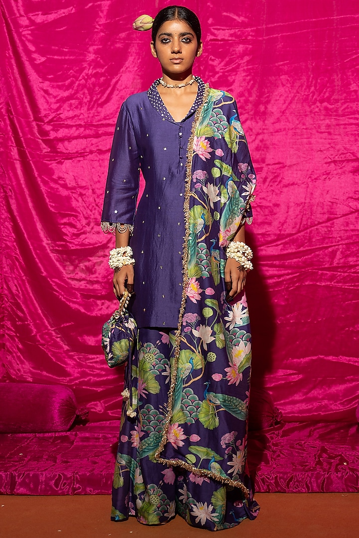 Purple Chanderi Silk Printed Sharara Set by Chrkha at Pernia's Pop Up Shop