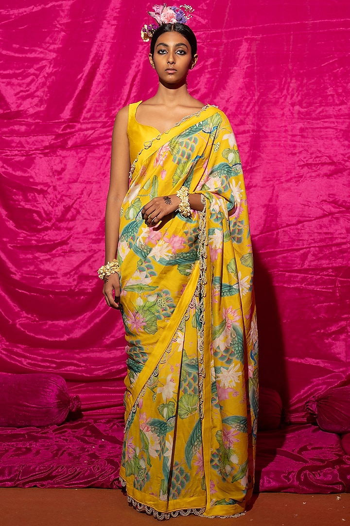 Yellow Chanderi Silk Printed Saree Set by Chrkha