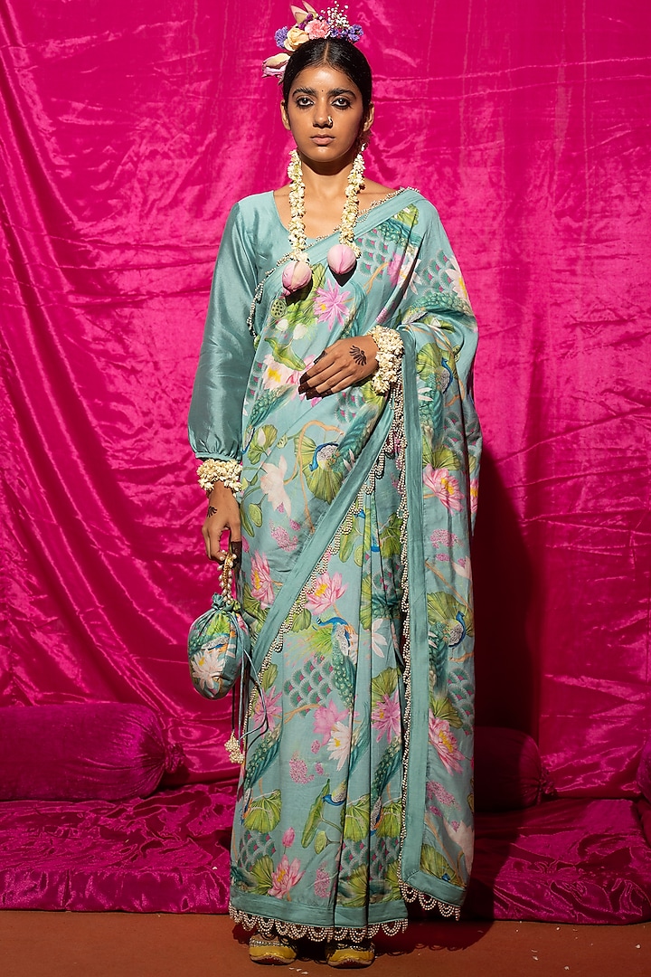 Mint Chanderi Silk Printed Saree Set by Chrkha at Pernia's Pop Up Shop