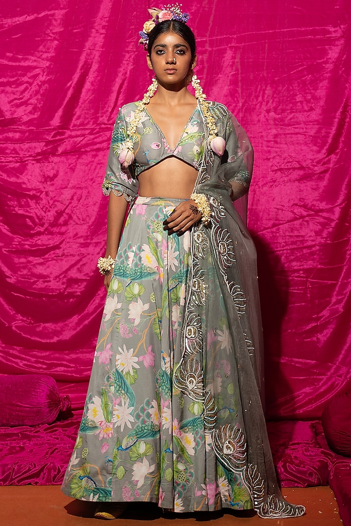 Grey Chanderi Silk Printed & Embroidered Wedding Lehenga Set by Chrkha at Pernia's Pop Up Shop