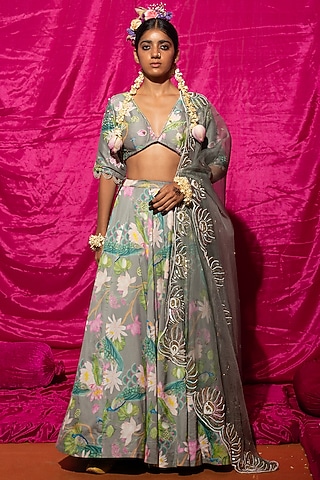 Grey Chanderi Silk Printed & Embroidered Lehenga Set by Chrkha