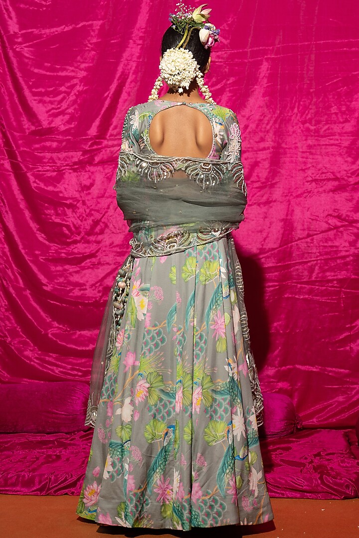 Grey Chanderi Silk Printed & Embroidered Wedding Lehenga Set by Chrkha at Pernia's Pop Up Shop