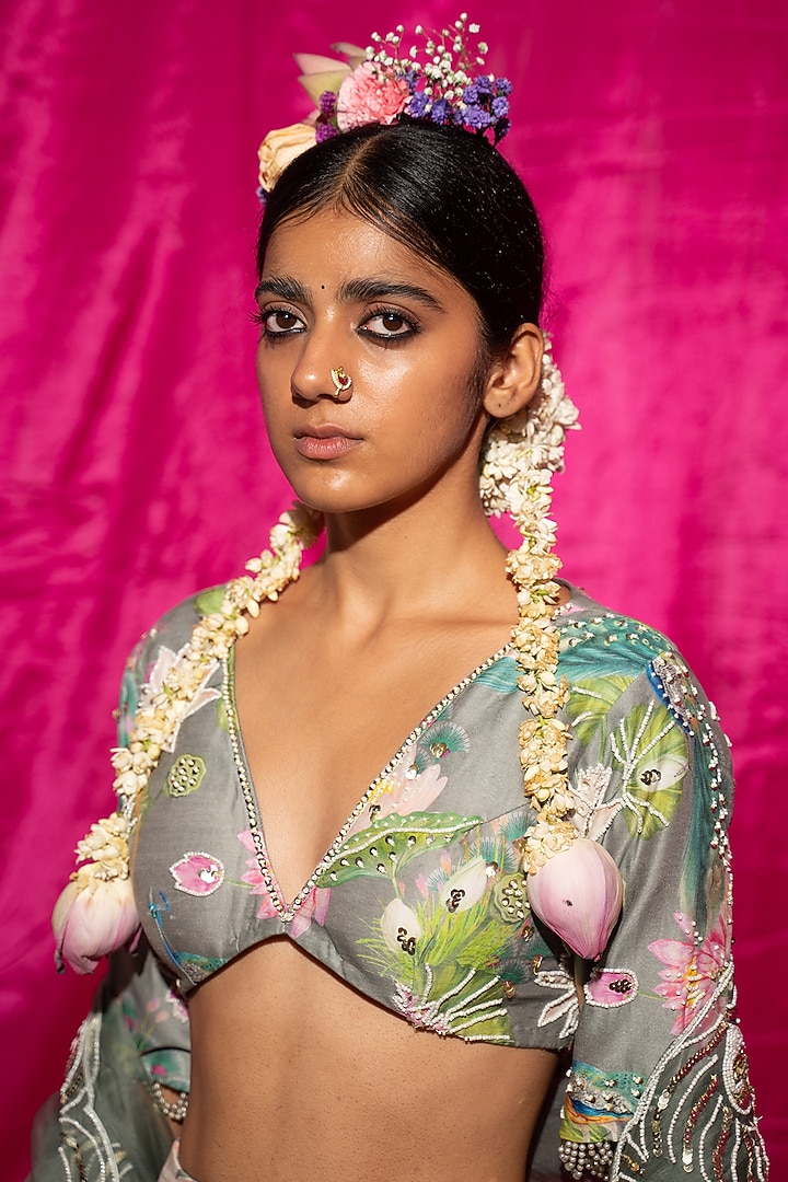 Grey Chanderi Silk Printed & Embroidered Wedding Lehenga Set by Chrkha at Pernia's Pop Up Shop
