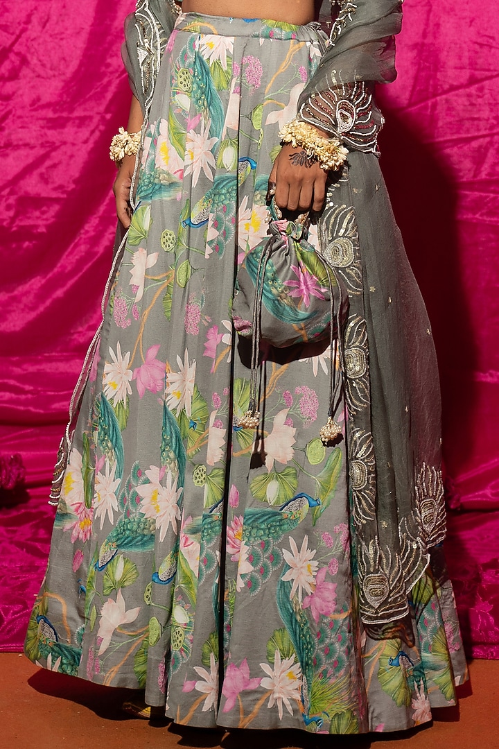 Grey Chanderi Silk Printed & Embroidered Wedding Lehenga Set by Chrkha at Pernia's Pop Up Shop