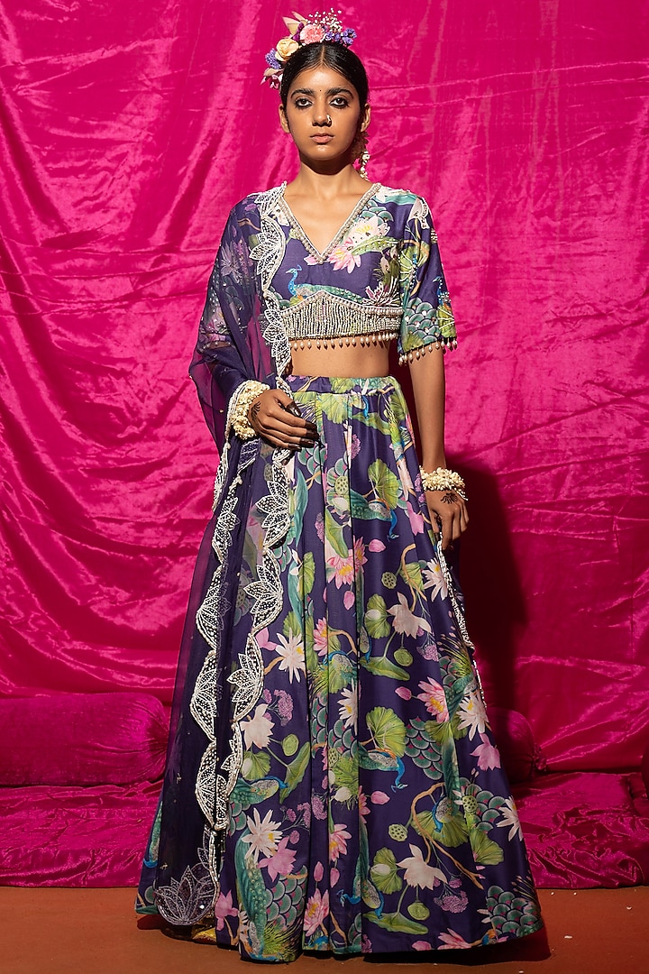 Purple Chanderi Silk Printed & Embroidered Wedding Lehenga Set by Chrkha at Pernia's Pop Up Shop