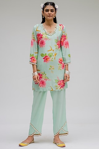 Mint Printed Kurta Set by Chrkha