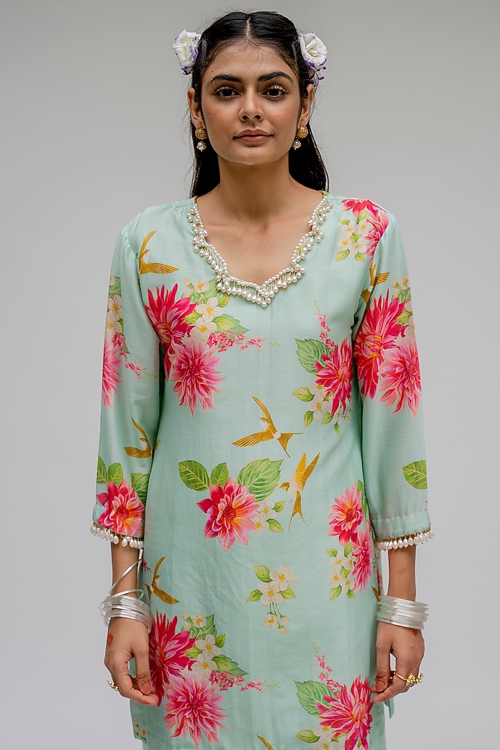 Mint Printed Kurta Set by Chrkha at Pernia's Pop Up Shop