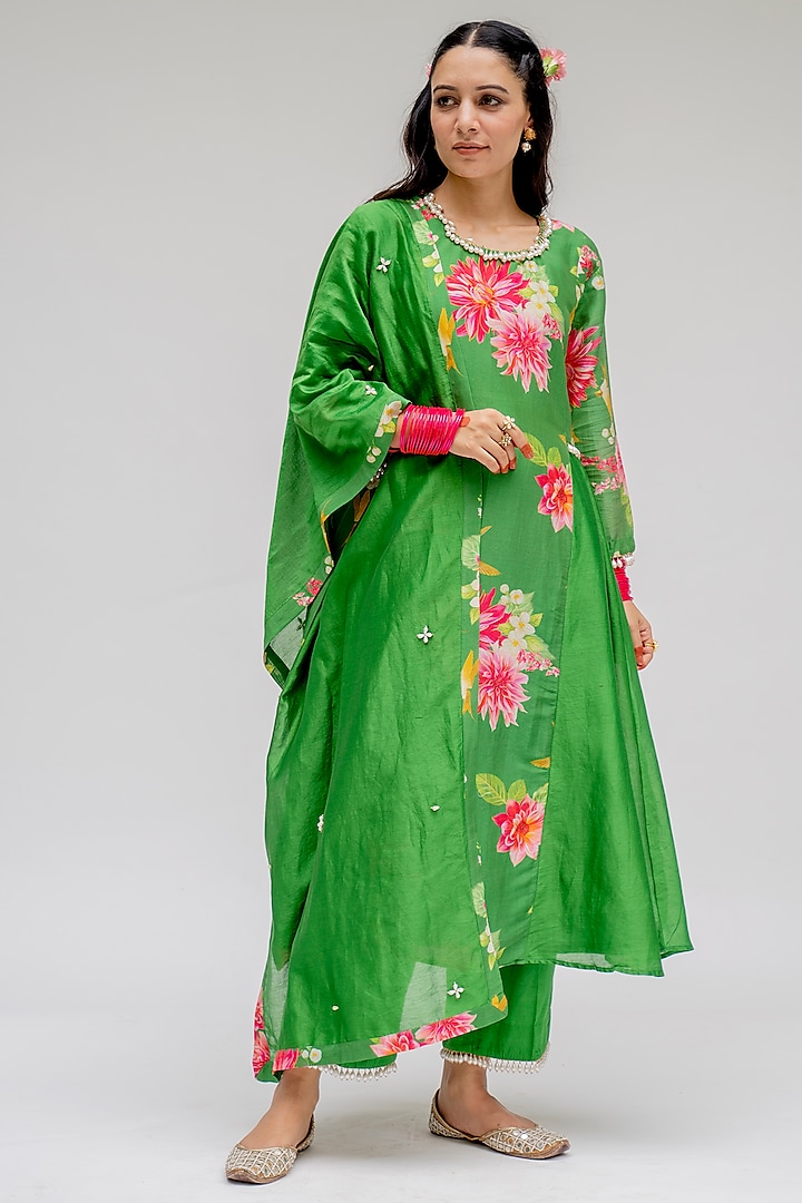 Green Printed & Embroidered Kurta Set by Chrkha