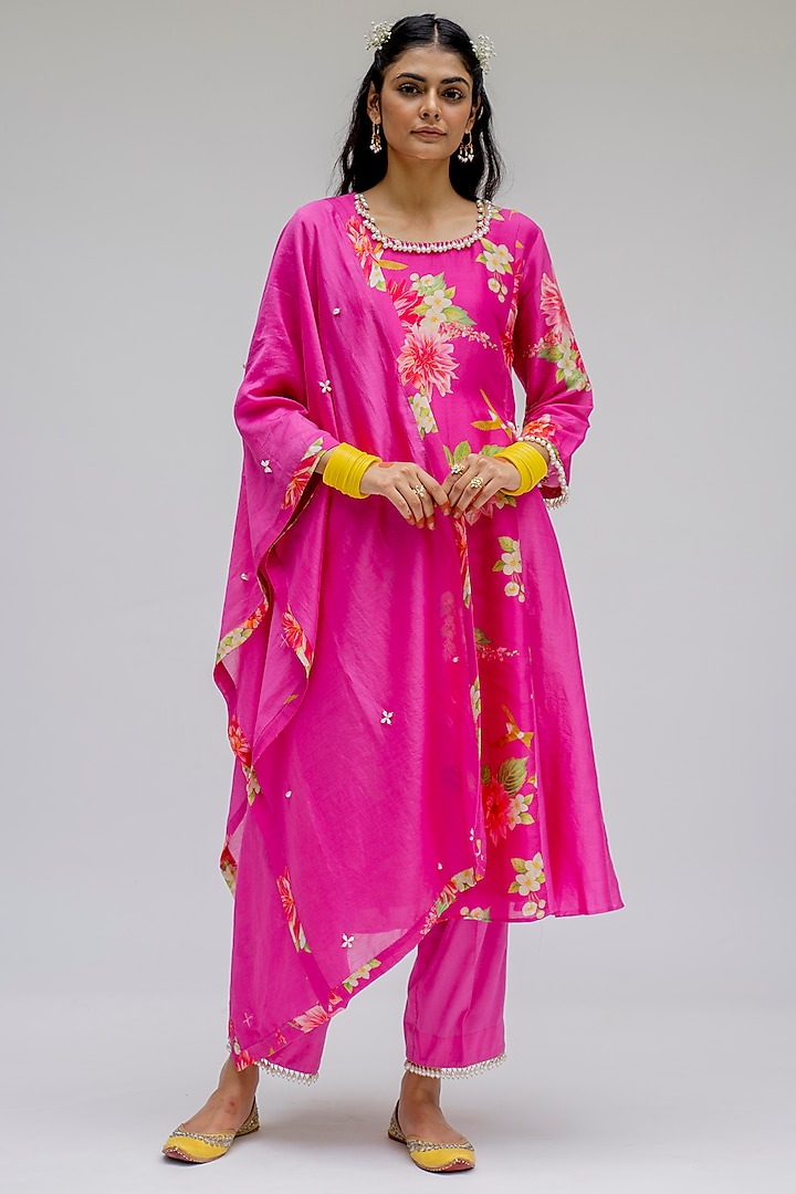 Pink Printed & Embroidered Kurta Set by Chrkha