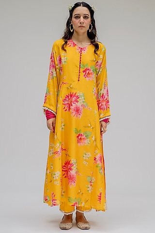 Yellow Printed & Embroidered Kurta Set by Chrkha