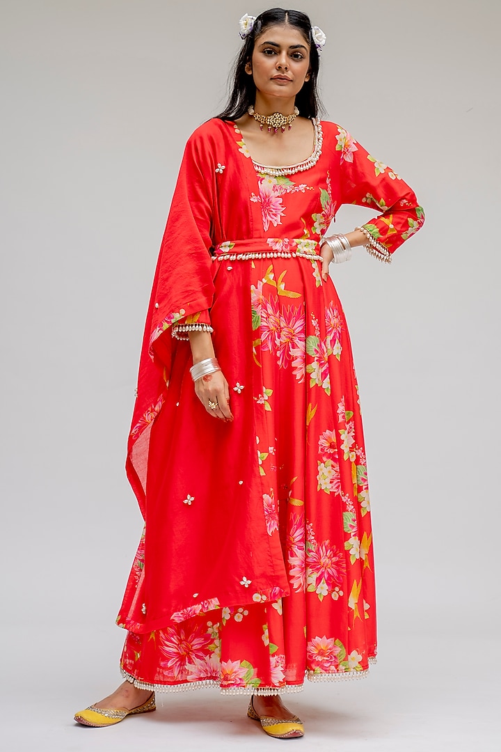 Red Digital Printed Anarkali Set by Chrkha