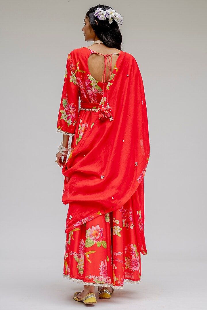 Red Digital Printed Party Wear Anarkali Set by Chrkha at Pernia's Pop Up Shop