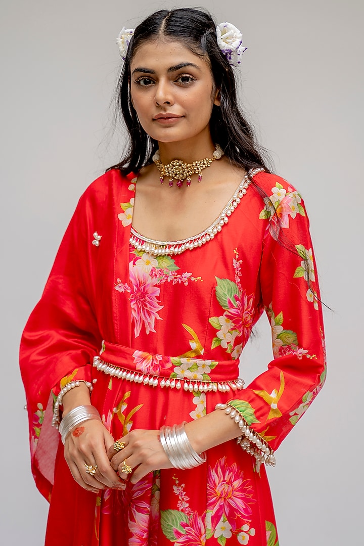 Red Digital Printed Party Wear Anarkali Set by Chrkha at Pernia's Pop Up Shop