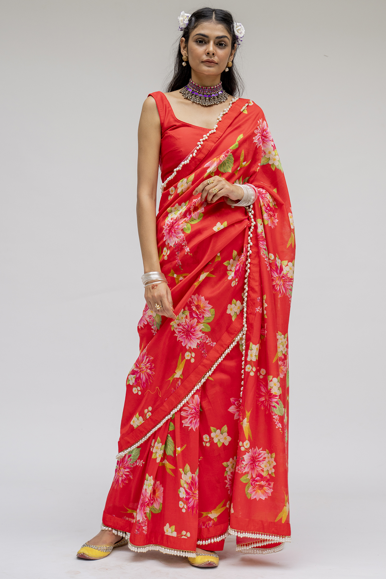 Red Chanderi Silk Floral Digital Printed Saree Set by Chrkha