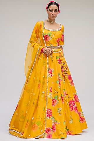 Mustard Floral Digital Printed Lehenga Set by Chrkha