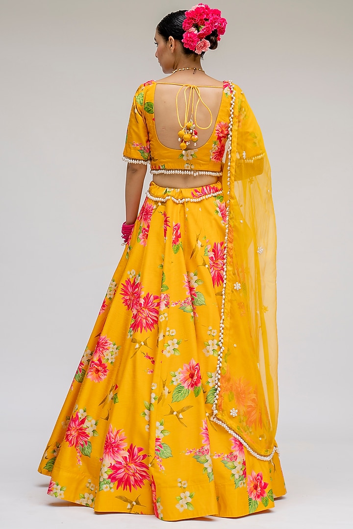 Mustard Floral Digital Printed Wedding Lehenga Set by Chrkha at Pernia's Pop Up Shop