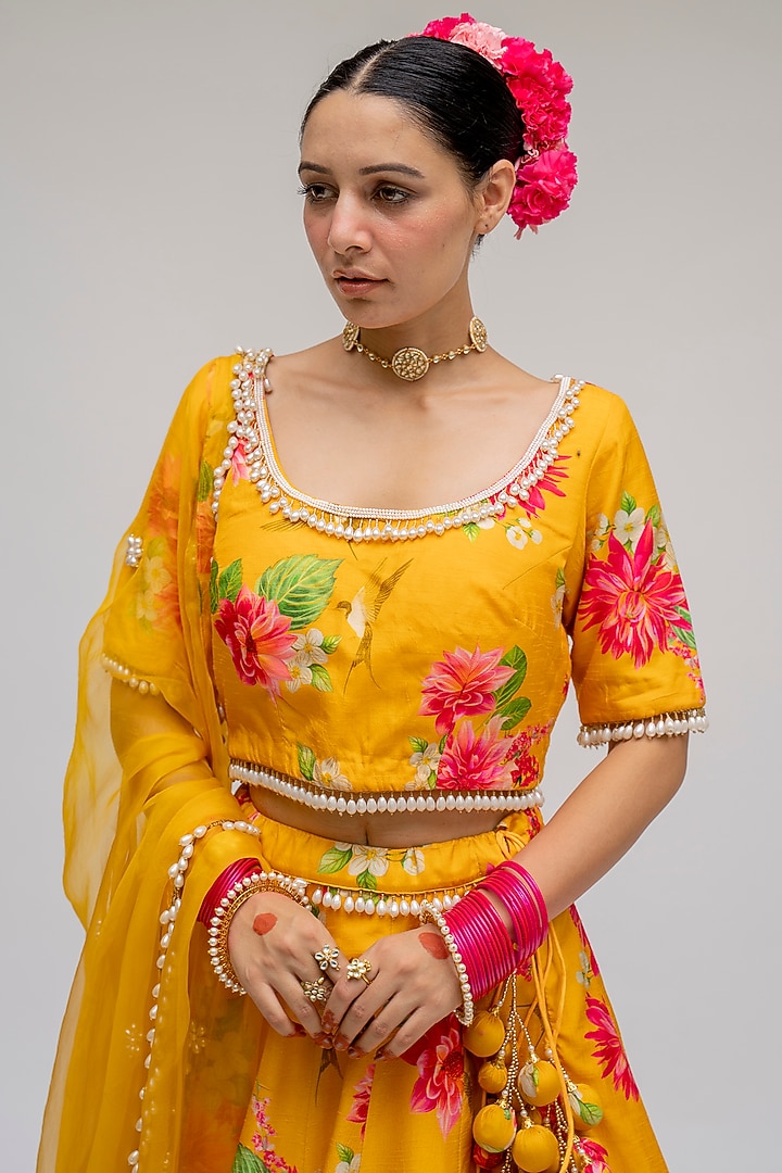 Mustard Floral Digital Printed Wedding Lehenga Set by Chrkha at Pernia's Pop Up Shop