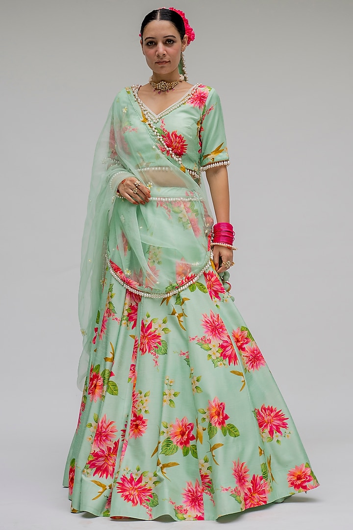 Mint Floral Digital Printed Lehenga Set by Chrkha