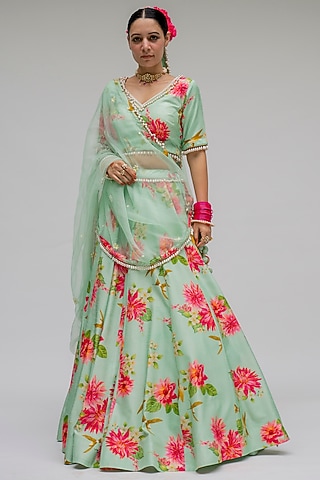 Mint Floral Digital Printed Lehenga Set by Chrkha