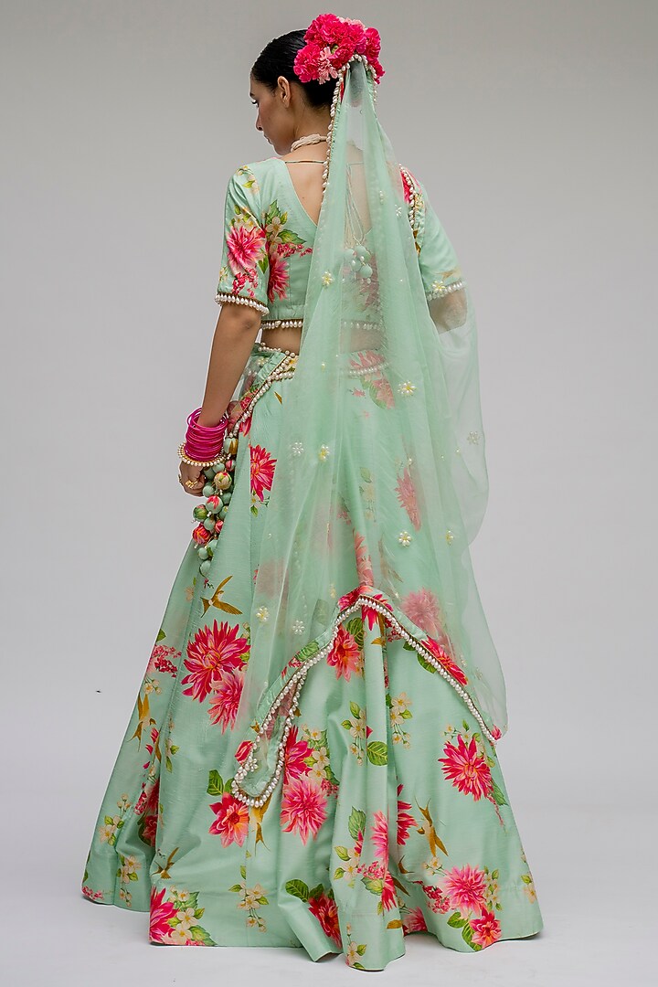 Mint Floral Digital Printed Wedding Lehenga Set by Chrkha at Pernia's Pop Up Shop