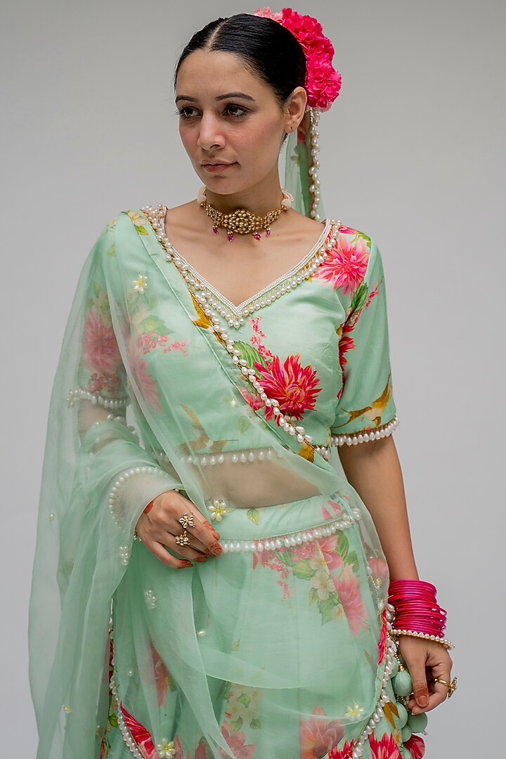 Mint Floral Digital Printed Wedding Lehenga Set by Chrkha at Pernia's Pop Up Shop