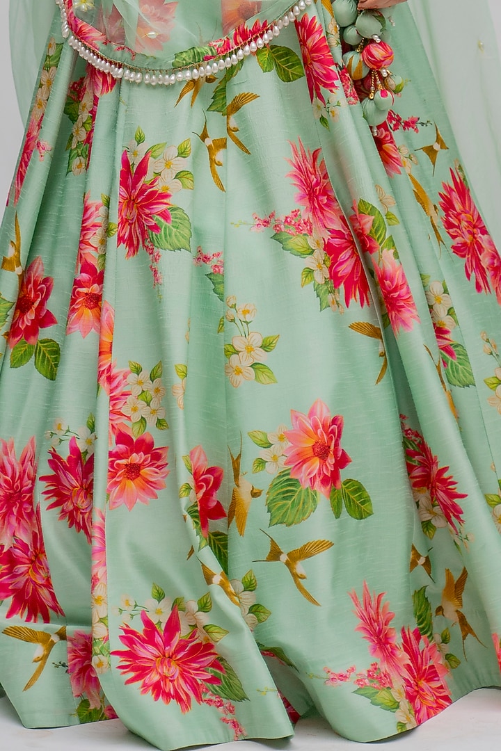Mint Floral Digital Printed Wedding Lehenga Set by Chrkha at Pernia's Pop Up Shop