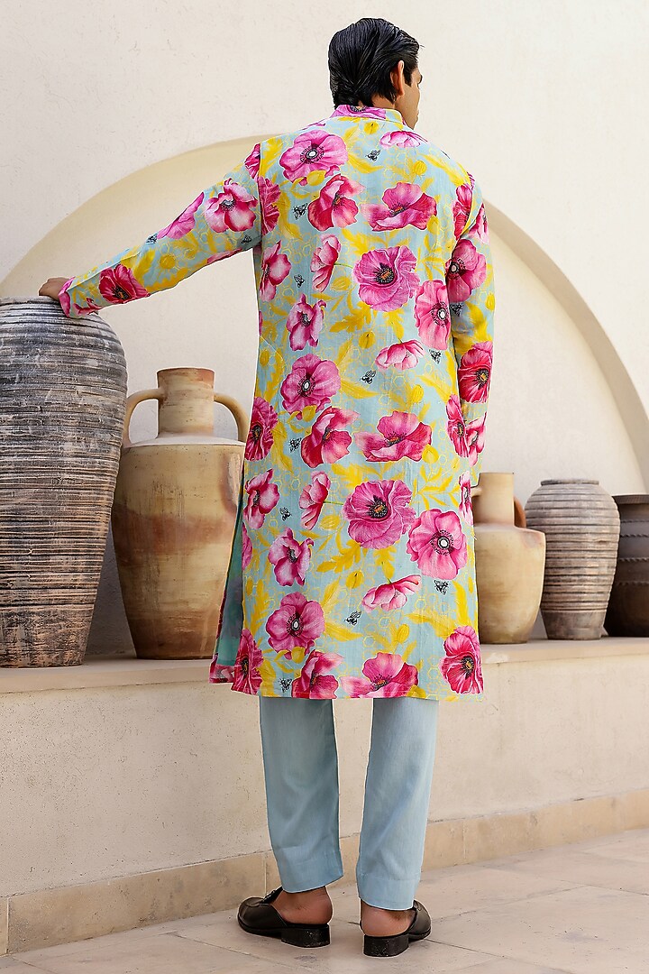 Mint Chanderi Silk & Cotton Satin Floral Printed Kurta Set by chrkha men at Pernia's Pop Up Shop