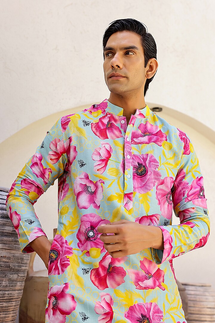 Mint Chanderi Silk & Cotton Satin Floral Printed Kurta Set by chrkha men at Pernia's Pop Up Shop
