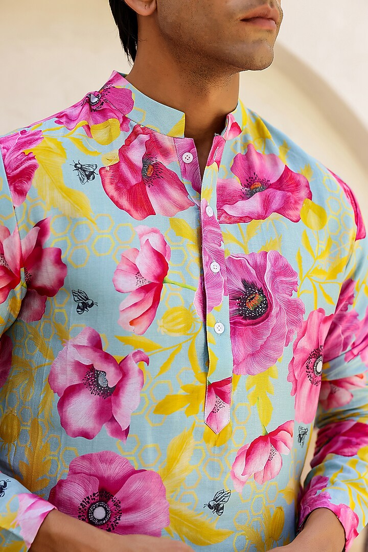 Mint Chanderi Silk & Cotton Satin Floral Printed Kurta Set by chrkha men at Pernia's Pop Up Shop