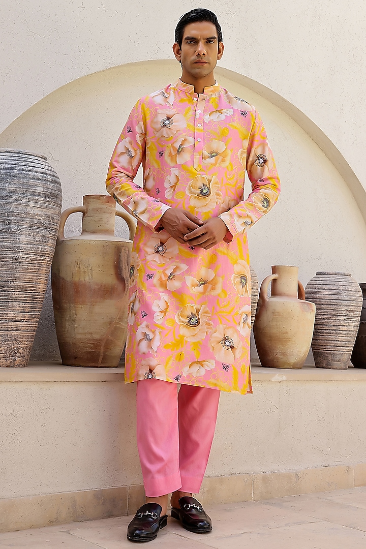 Pink Chanderi Silk & Cotton Satin Floral Printed Kurta Set by chrkha men
