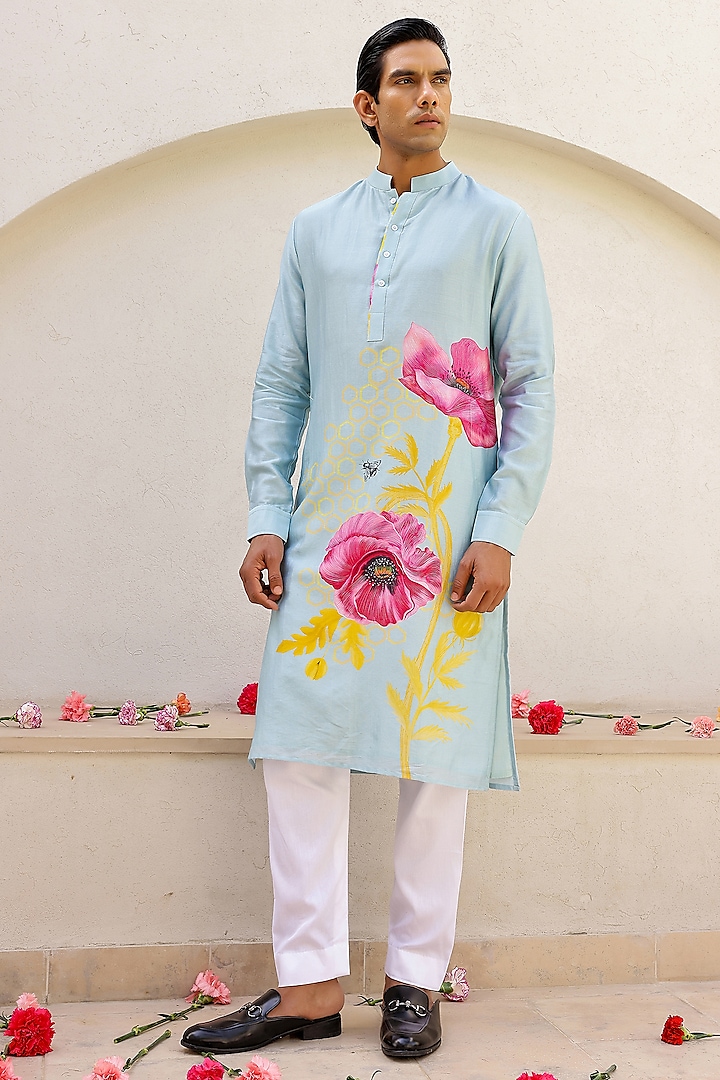 Mint Chanderi Silk & Cotton Satin Floral Printed Kurta Set by chrkha men