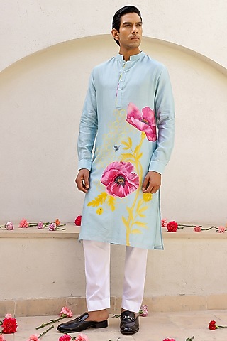 Mint Chanderi Silk & Cotton Satin Floral Printed Kurta Set by chrkha men