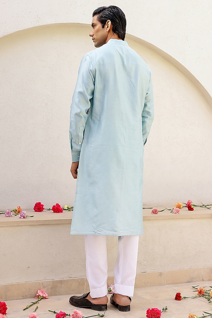 Mint Chanderi Silk & Cotton Satin Floral Printed Kurta Set by chrkha men at Pernia's Pop Up Shop